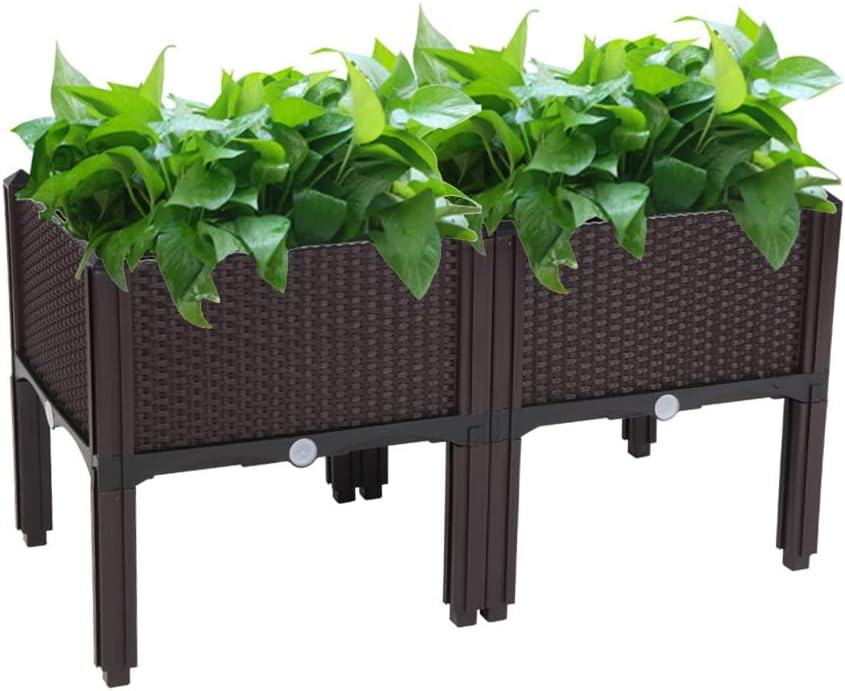Elevated Planters Raised Garden Beds Plastic, Vegetables Plant Raised Bed Kits, Set of 2 Flowers Vegetables Growing Box with Legs & Drainage Holes for Garden Patio Balcony Restaurant, Espresso by Huedimboene