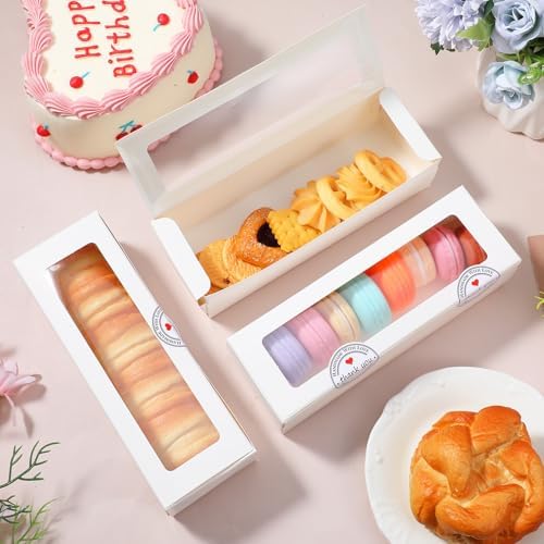 100 Pack White Macaron Boxes with Clear Window, Pastry Boxes with 100 Pcs Stickers, Packaging for 6-10 Macarons, Cookies, Truffles, Wedding DIY Gift Giving, 8x3x2 Inches - Image 6