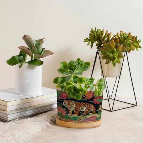 Chinoiserie Tiger Ceramic Planter Green and Turquoise Tiger Stripe Planters for Outdoor Plants with Drainage Holes and Saucers Pot for Pots Outdoor Indoor Plants - Image 4