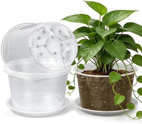 10 Inch Clear Nursery Pots with Drainage and Sacuers, 4 Pack Plastic Pots for Plants Indoor Outdoor, Large Clear Pots for Flowers, Succulents (10inx4pcs) by Unknown