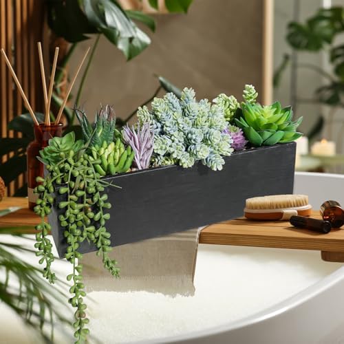 Winlyn 14" Artificial Succulent Plants Arrangement Assorted Faux Succulents in Rustic Black Rectangular Wooden Planter Box Faux Potted Plant Decor for Farmhouse Home Windowsill Shelf Table Centerpiece - Image 6