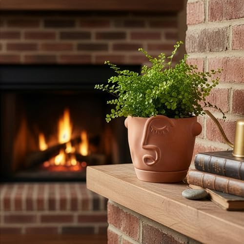 HERDUK 6 Inch Terracotta Abstract Face Planter with Drainage & Saucer – Artistic Ceramic Flower Pot for Indoor Plants, Boho Home Decor, Unique Gift for Plant & Art Lovers - Image 6