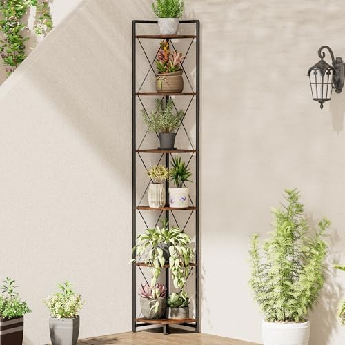6 Tier Corner Shelf Stand, 78" H Tall Corner Bookshelf, Rustic Brown - Image 3
