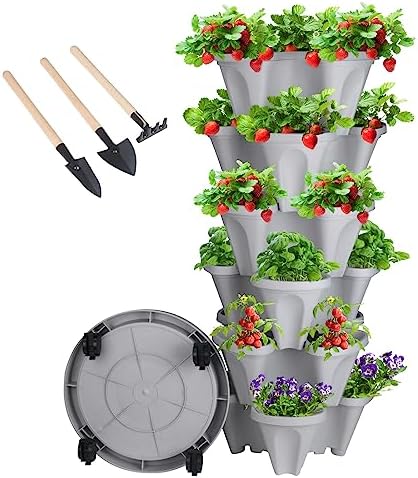 GameXcel Vertical Planter Tower - 6 Tier Stackable Garden Planters with Wheels and Tools Plant Pots for Strawberry Herb Flower and Vegetable Indoor Outdoor Use Gray by GameXcel