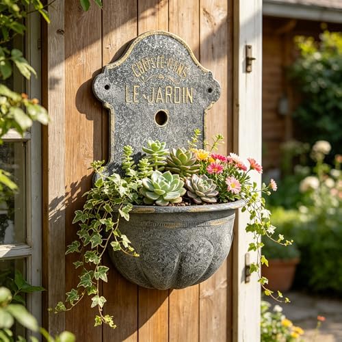 Large French Country Wall Planter, 27.95" H x 18.11" W Vintage Metal Le Jardin Wall Mounted Flower Pot, Rustic Farmhouse Vertical Garden Planter for Indoor Outdoor Patio, Living Room, Balcony Decor - Image 4