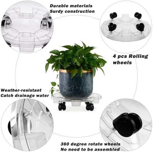 6 Packs 16 inches Extra-large Clear Plant Caddy Plant Saucers on Wheels Rolling Plant Stands Heavy-duty Plant Dolly Plastic Planter Roller Base Pot Movers Outdoor Plant Tray Coaster - Image 2