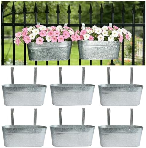 6 Pack 17" Galvanized Hanging Railing Planters with Hooks and Drainage by JOYFERNAL
