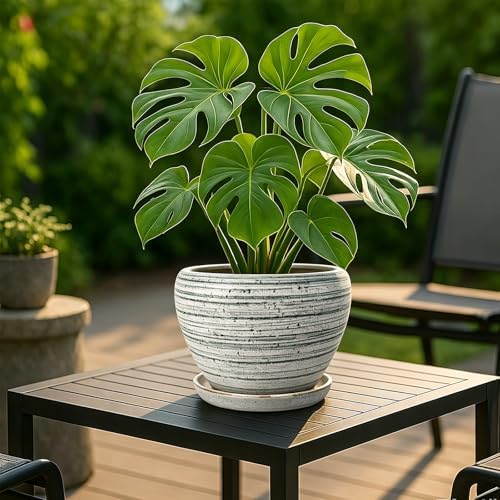 Deep Dream 8 Inch Plant Pots- Ceramic Pots for Plants with Drainage Hole and Saucer, Large Planter Pot for Indoor Plants Outdoor Decor, Brushed Green - Image 2