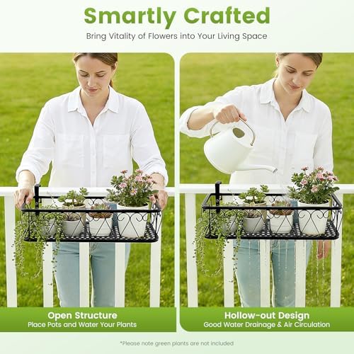 Floating Garden Railing Planter Shelf Balcony Hanging Flower Rack Basket with Hooks Iron Railing Planter Holder Decorative Window Flower Pot Stand for Outdoor Garden Plants Fence Patio - Image 6