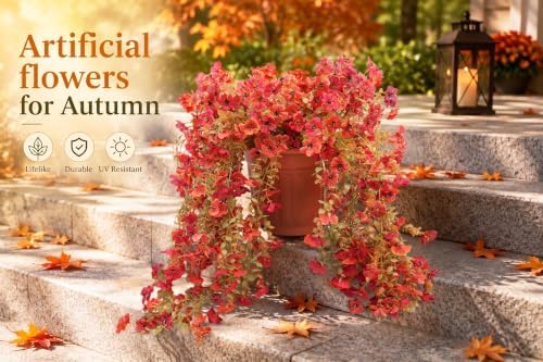 Artificial Fake Hanging Flowers for Fall Outdoors Decor 2 Pack UV Resistant Faux Hanging Plants, Waterproof Realistic Artificial Flowers for Autumn Porch, Balcony, Fence & Planters (Red-orange) - Image 4