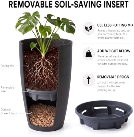 Tall Round Planter 2Pack-11.8"W*21"H Dark Wooden Grain Finish Flower Pots Indoor Decorative Container Garden Patio Outdoor Indoor Plants Unbreakable Resin With Drainage Hole&Movable Insert Shelf - Image 3