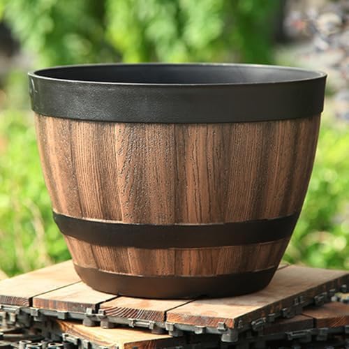 2PC Faux Whiskey Barrel Planting Basket with Tray, Plastic Bucket Barrel Plant Pot for Indoor Outdoor Yard Patio, Large Flowerpot with Drainage Holes for Flowers Plants by RRXIMHTT