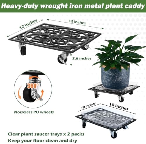2 Packs 12" Square Metal Plant Caddy with Wheels Large Heavy-Duty Cast Iron Planter Dolly Pot Mover, Indoor Outdoor Vintage Rolling Plant Stands with Casters Wheeled Plant Roller Base, Rustproof Black - Image 3