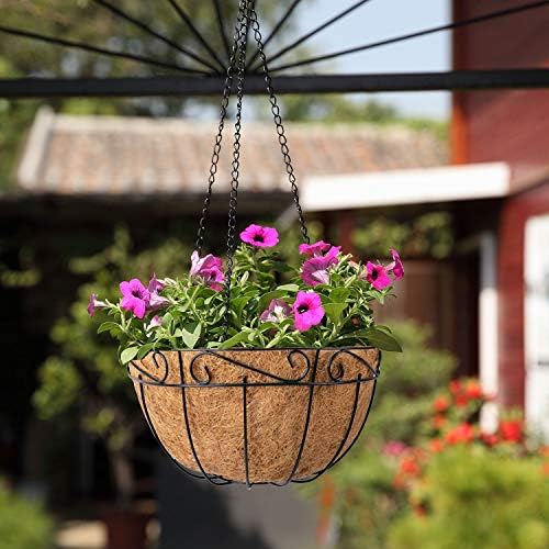 Ashman Metal Hanging Planter Basket with Coco Coir Liner Round Wire Plant Holder Chain Porch Decor Flower Pots Hanger Garden Decoration Indoor Outdoor Watering Hanging Baskets (4) - Image 4