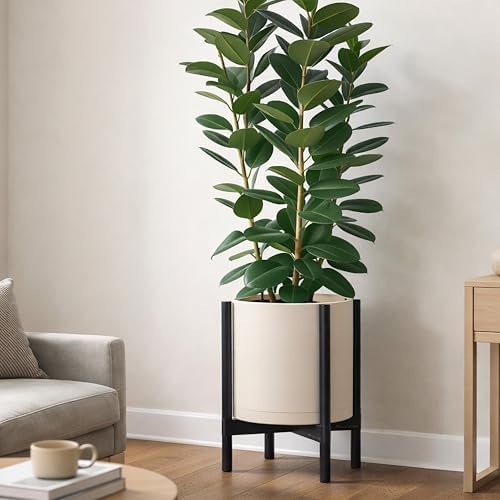 D'vine Dev Plastic Pot with Ebony Wood Stand, Oatmeal, 14 in, 55-C-T-4 - Image 2