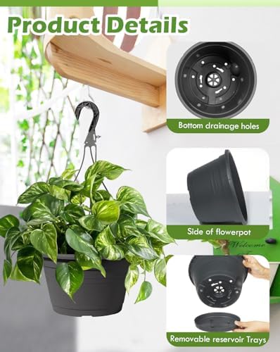 4 Pcs Hanging Planters,10" Hanging Pots Plastic Hanging Flower Plant Basket with Drainage Trays & Chain Holder for Outdoor Indoor Plants Garden Balcony Decoration, Dark Gray - Image 3