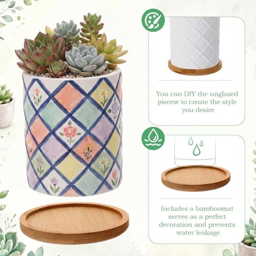 12 Pcs 3.5 Inch Mini Ceramic Succulent Pots with Bamboo Tray DIY Ready to Paint Unpainted Flower Pot Bulk Color Your Own Bisque White Vase Drainage Hole for Plant Lover Family Craft Gift - Image 4