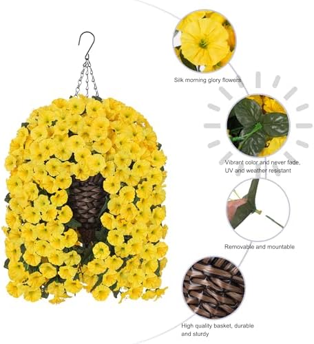HyeFlora Artificial Fake Hanging Flowers Plants Baskets for Outdoor Outside, Faux Silk Yellow Morning Glory Flowers UV Resistant Look Real Hanging Planter for Home Porch Patio Balcony Yard Decor - Image 4