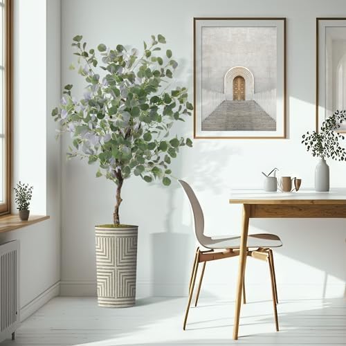 Artificial Tree in Geometric Pattern Planter, Fake Eucalyptus Silk Tree for Indoor and Outdoor Home Decoration - 66" Overall Tall (Plant Pot Plus Tree) - Image 6