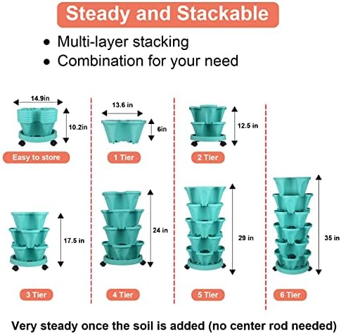 GameXcel Vertical Planter Tower - 6 Tier Stackable Garden Planters with Wheels and Tools Plant Pots for Strawberry Herb Flower and Vegetable Indoor Outdoor Use Teal 2 Pack - Image 6