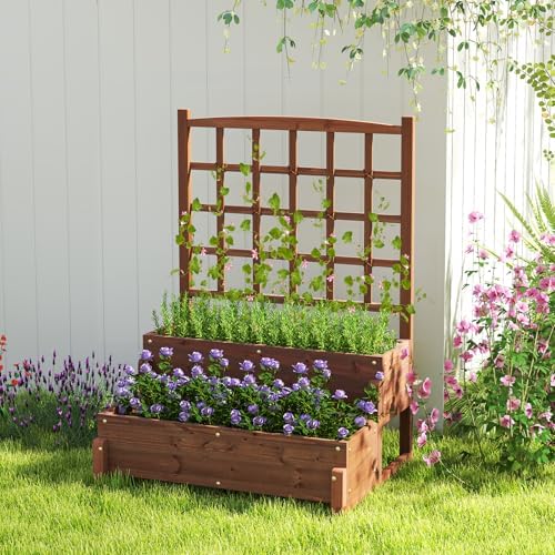 GIANTEX 2 Pcs Raised Garden Bed with Legs and Trellis, 2-Tier Standing Planter Box with Drain Holes, Outdoor Elevated Garden Trellis for Vine Climbing, Flower Vegetable Fruit Herb Growing - Image 3
