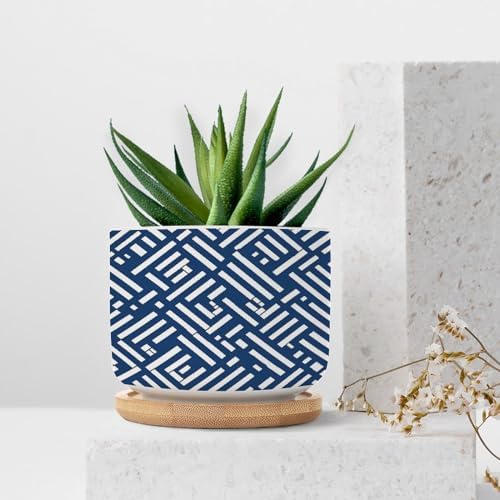 Lacefield Print Geometric Blue Planter Ceramic Chinoiserie Grandmillenial Trail Round Flower Pots with Drainage Holes and Bamboo Tray Pot for Succulents Cactus Garden - Image 7