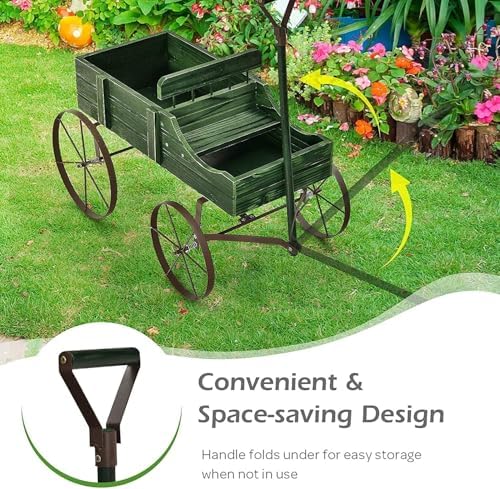 DORTALA Wood Wagon Planter, Outdoor Garden Flower Planter Cart with Wheels, Small Decorative Wood Raised Bed Plant Pot Box Stand for Backyard, Patio, Balcony, Green - Image 4