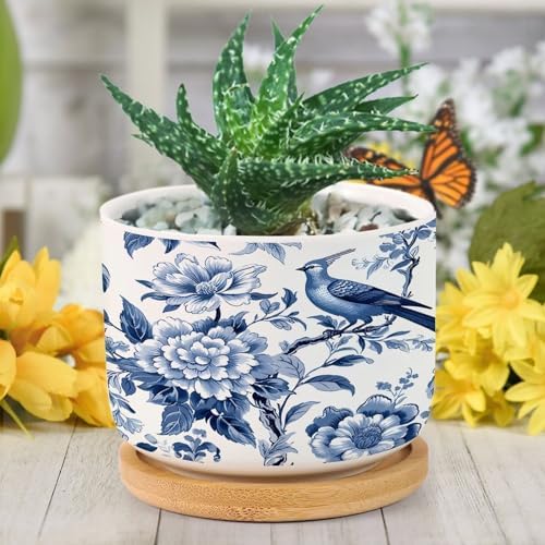 Blue Indigo Floral Chinoiserie Ceramic Planter Asian Navy Bird Pots for Plants with Drainage Holes and Saucers Pot for Home Office Desk Garden - Image 6