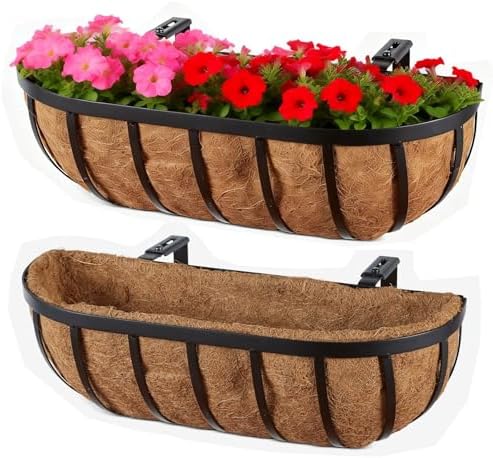 2 Packs Planter Box for Deck Railing 24" Black Metal Hanging Planter by Frillybutts