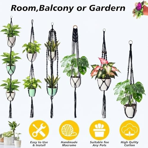SATINIOR 12 Pcs Macrame Plant Hangers Handmade Boho Hanging Planters 12 Different Tiered Designs with 12 Hooks for Flower Pots Indoor Outdoor Decorative Wall Hanging Baskets for Home (Gothic,Black) - Image 4