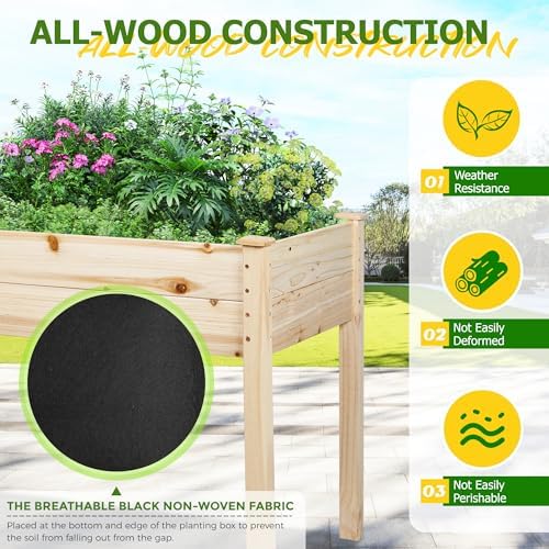 4 FT Outdoor Wooden Raised Garden Bed, Elevated Large Planter Box with Legs for Vegetable/Flower, Standing Growing Bed for Gardening/Backyard/Patio/Balcony, Natural - Image 5