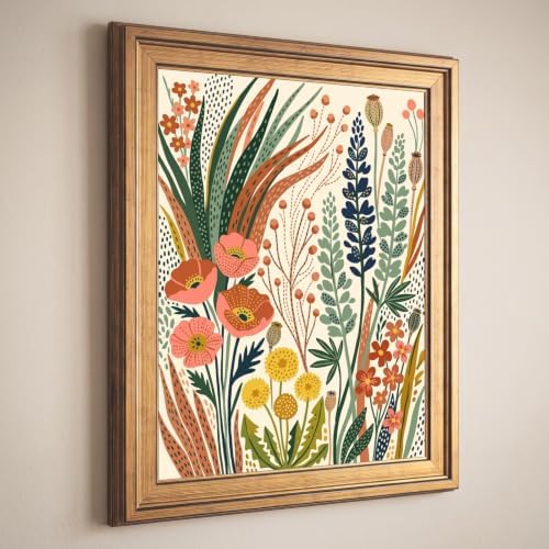 Framed Canvas Wall Art Bohemian Gouache Desert Wildflowers Coral and Green Botanical Canvas Print Poster Gold Frame Wall Decor for Living Room Boho Home Decor, Floral Print - Inch 24x36 - Image 5