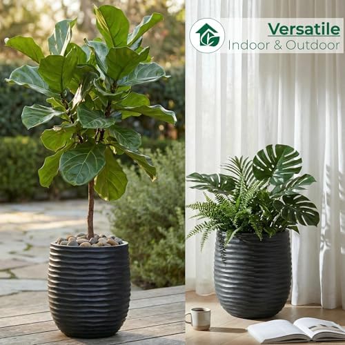 15”+11”+7.9” Dia Concrete Planter Set of 3, Wavy Textured Black Flowerpot - Image 5