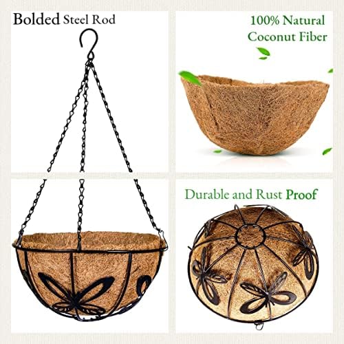 Kingbuy Metal Hanging Basket for Plant Planter with Coconut Fiber Liner Chain Wire Holder 12 Inch Flower Pot Indoor Outdoor Patio Lawn Garden Decor, Butterfly Pattern, 2 Pack - Image 6