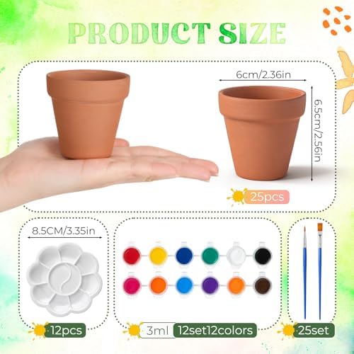 25 Set Flower Pot Painting Craft Kit 2.5" Mini Terracotta & Ceramic Pot to Paint Bulk with Drainage Acrylic Paint for Indoor Outdoor Plant Crafts Wedding Favors DIY Activity (Terracotta) - Image 2
