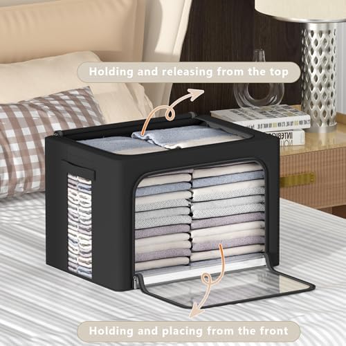 CYhom 3Pack Frame Storage Box - Clothes Storage Bin Bags Oxford Fabric Foldable Stackable Container Organizer Set with Clear Window & Carry Handles (Black, Small-22L) - Image 2