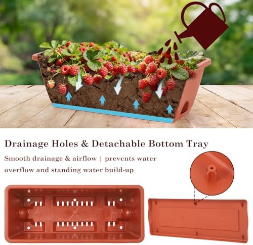 OYEAL Hanging Flower Pots for Railing Fence Outdoor Window Boxes Planter with Adjustable Hooks, Set of 2 Deck Rail Planters with 6 Detachable Plastic Planter Boxes, Drainage Holes, Brick Red - Image 4