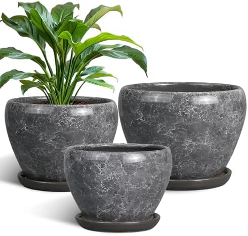 Ceramic Planters - 10 Inch 8 Inch 6 Inch Round Decorative Plant Pots with Drainage Holes and Saucers for Indoor Outdoor Flower, Room Home Apartment Decor, Gift for Women Men, Set of 3, Grey by EPFamily