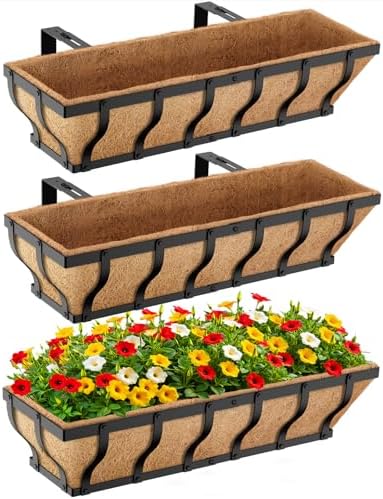 VOXOR Railing Planter Boxes, Heavy Duty Window Box Planters, Adjustable Balcony Planters for Railing Hanging, with Coco Liner for Deck, Porch, and Patio Gardening (3 Pack, 24 Inch) by VOXOR
