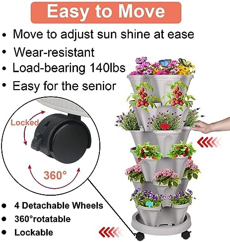 GameXcel Vertical Planter Tower - 6 Tier Stackable Garden Planters with Wheels and Garden Tool Set Plant Pots for Strawberry Herb Flower and Vegetable Indoor Outdoor Use Gray - Image 2