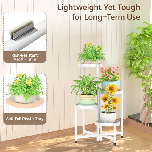 LASZOLA Plant Stand Indoor Outdoor Tall with Plastic Tray, 4 Tiers White - Image 6