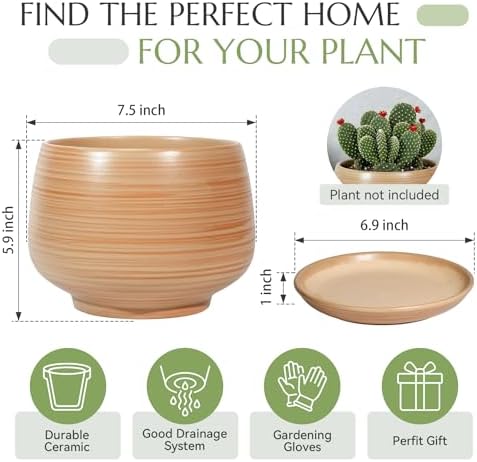 7.5 Inch Flower pots for Indoor Outdoor Plants with Saucer Drainage Leak-Proof Mesh, Ceramic Planter with Gardening Gloves for Succulent and Flower(Khaki Striated) - Image 6