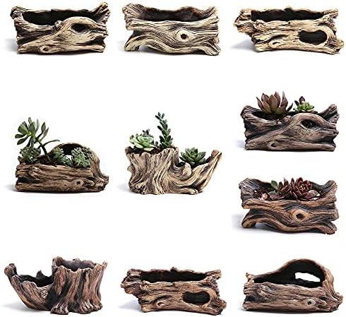 DIYOMR Cement Driftwood Planter Pots Imitation Stump Log Concrete Flower Succulent Pot/Container (8.3" L x 4.7" W x 3.5" H,Brownish Red) - Image 2