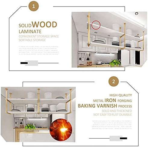 Hanging Ceiling Pot Pan Rack Kitchen Storage Shelving,White Wood Shelf and Gold Metal Iron Frame Wine Holder Flower Stand-60cm/80cm/120cm/150cm Floating Decor Display Racking for B - Image 5