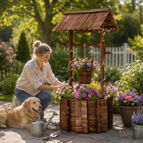 54" Outdoor Wooden Wishing Well Planter with Colorful LED Lights - Image 3