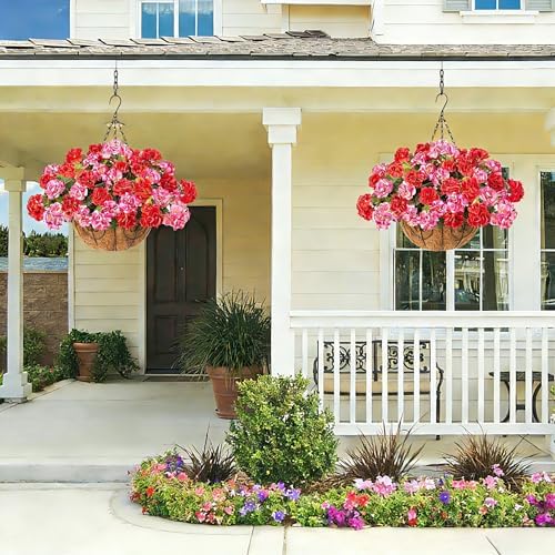INSPRING Geraniums Artificial Flowers Hanging Basket for Outdoors Outside Decoration, 8 Bundles Silk Flowers Fake Plants Look Real UV Resistant for Porch Home Patio Balcony Yard, Red Pink - Image 3