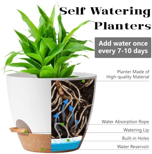 White Self Watering Pots with Drainage Planting Pot for HousePlants Plastic Flower Pots Outdoor Plant Pots Gift Idea Decorative Flower Pots Draining Pots for Indoor Plants - Image 3
