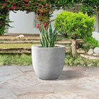 Round Concrete/Fiberglass Indoor & Outdoor Lightweight Decorative Plant Pots with Drainage Hole, Single Planter, 16.5" L, Natural Concrete - Image 2