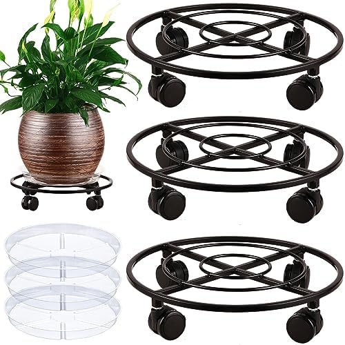Planterhoma 3 Packs Large Metal Plant Caddy 13.5" Heavy-duty Plant Dolly with Wheels Iron Rolling Plant Stand with Casters Indoor Outdoor Plant Pot Movers Rollers Coaster Trolley, Black by Planterhoma