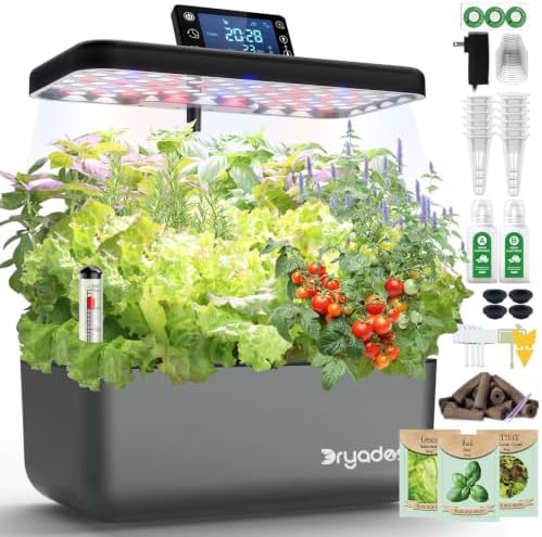 Hydroponics Growing System Kit with Seeds, 12-Pod Indoor Garden with 24W Full-Spectrum LED Grow Light, Smart LCD Control and 7L Water Tank for Herbs, Lettuce, Vegetables and Flowers(Black) by Dryades